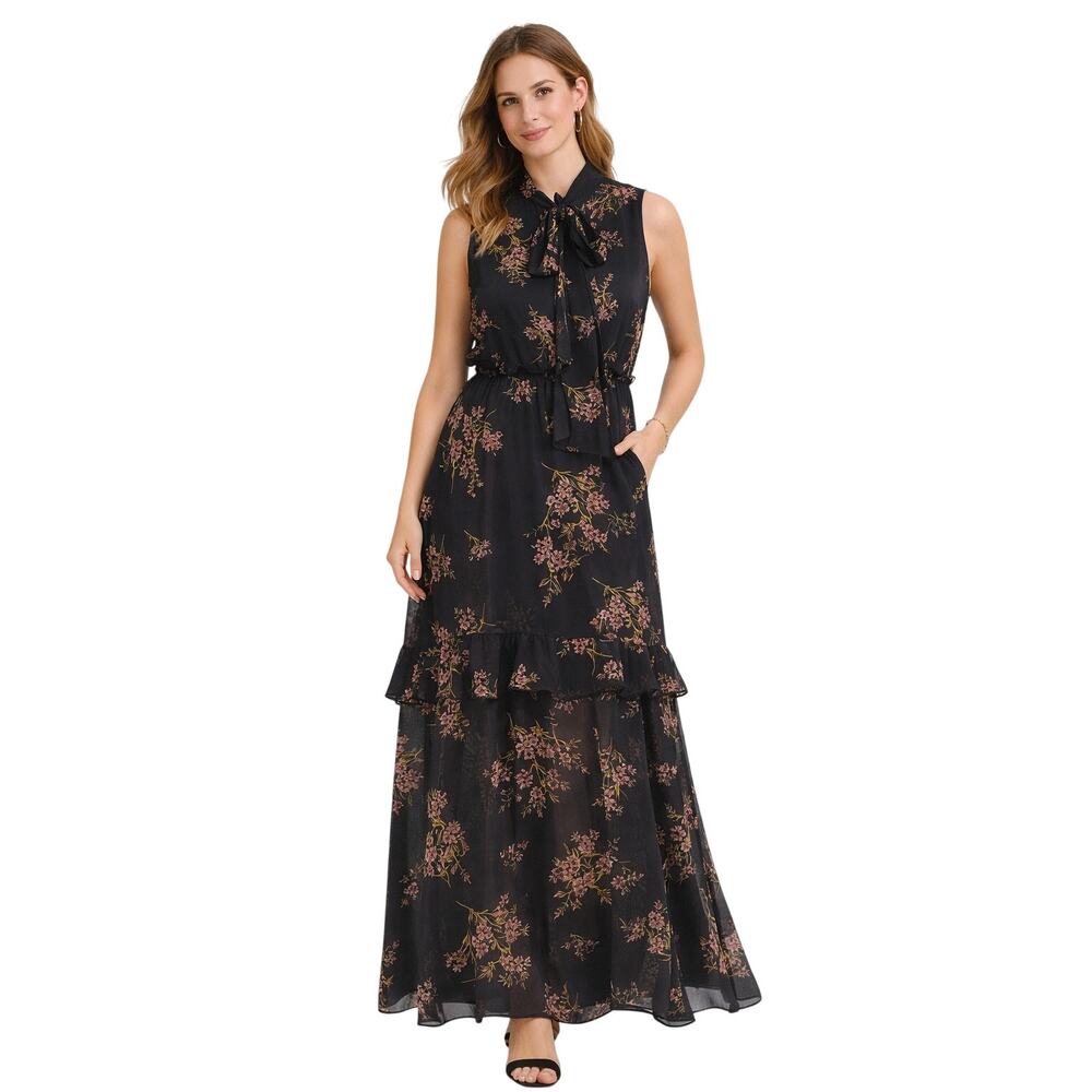 Who What Wear Tiered Ruffle Maxi Dress M Boho Floral Cherry Blossom Sleeveless